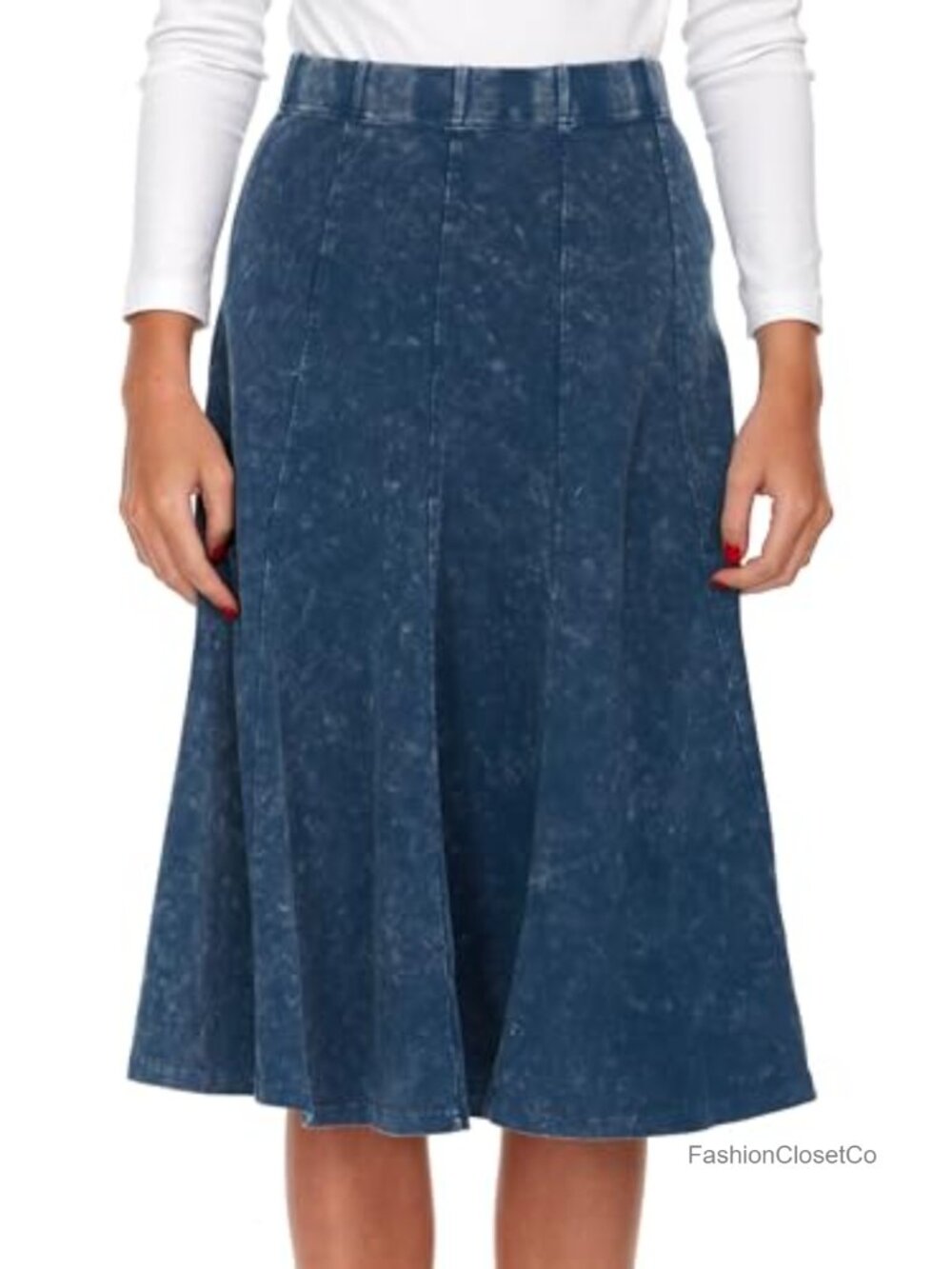 Stonewash Cotton Flared Midi Skirt with Elastic Waist and Panel Design